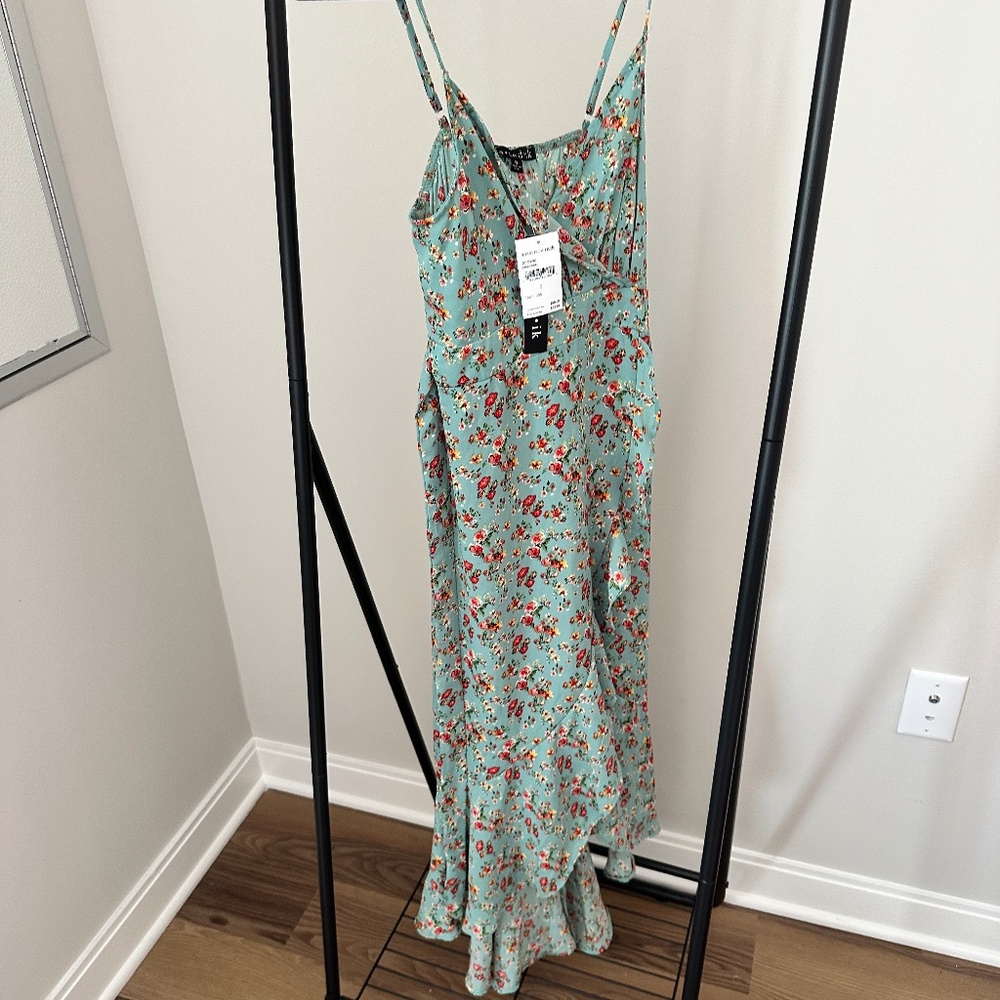 NWT Sage & Coral Floral Maxi Dress by .i.k – Ruffle Hem, Spaghetti Straps, Nords